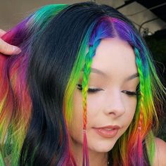 Vivid Money Piece, Rainbow Money Piece Hair, Rainbow Split Dye, Black And Rainbow Hair, Rainbow Money Piece, Colorful Balayage, Hair Color Designs, How To Make Hairstyle, Two Tone Hair Color