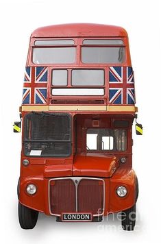 an old red double decker bus with the british flag painted on it's side