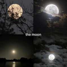 the moon is shining brightly in the night sky over water and trees with clouds below it