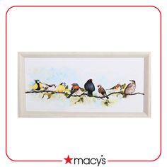 a group of birds sitting on top of a tree branch in front of a white wall