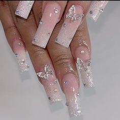 Questions? Leave A Comment Below. 24pcs Handmade Ombr Long Rhinestone Press On Nails Set Includes Jelly Glue And Nail File. Quinceanera Nails, Butterfly Nail Designs, Girly Acrylic Nails, Really Cute Nails, Unique Acrylic Nails, Pink Nail, Butterfly Nail, Pink Acrylic Nails, Prom Nails