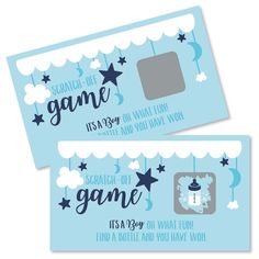 two blue ticket cards with stars and clouds on them, one is for a game