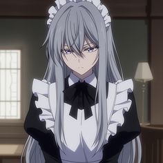 an anime character with long gray hair wearing a black and white outfit, standing in a room