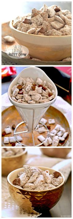 there are three different pictures of food in the same bowl, and one is filled with cereal