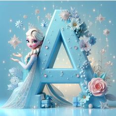 the letter a is made up of flowers and ice blue frosted letters with princesses around it