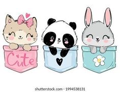 three cute cartoon animals are sitting in the same box and one is wearing a pink bow