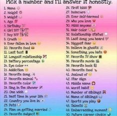 a poster with words and pictures on it that say pick a number and i'll answer it honesty