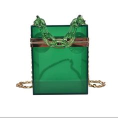 Women’s Handbag/Tote Acrylic Cube Emerald Can Be Worn Crossbody As Well As A Tote 4 X 4 X 6 (Dimensions) Detachable Shoulder Strap Hangs At 24in Chic Rectangular Case Bag For Shopping, Green Clutch Box Bag With Dust Bag, Clear Rectangular Bag, Green Box Bag As Gift, Modern Green Rectangular Box Bag, Modern Green Pouch Box Bag, Chic Rectangular Evening Bag, Green Rectangular Bag With Clear Strap, Clear Rectangular Shoulder Bag