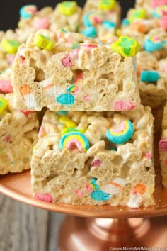 lucky charms rice krispy treats stacked on top of each other