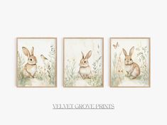 three paintings of rabbits in grass with butterflies