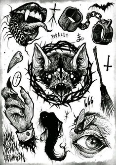 an ink drawing with various items and symbols on it, including eyes, hands, head,