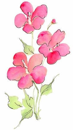 watercolor painting of pink flowers with green leaves