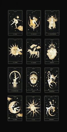 twelve zodiac signs in gold and black on a black background, with the sun above them