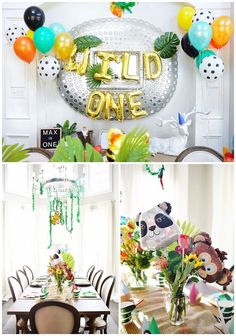 the table is decorated with balloons, flowers and panda decorations for a wild one birthday party