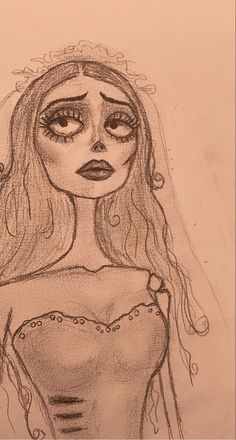 a drawing of a woman with long hair and big eyes wearing a corset