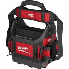 a red and black milwaukee tool bag