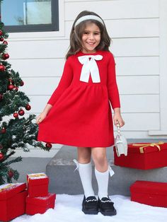 Young Girl Autumn And Winter Round Neck Bow Decorated Red Christmas Knitted Dress Red   Long Sleeve Knitwear   Slight Stretch  Young Girls Clothing, size features are:Bust: ,Length: ,Sleeve Length: Pullover Mode, Neck Bow, Sweater Vest Women, Christmas Knitting, Outfit Set, Sweater Fashion, Girls Clothing, Maternity Bag, Red Christmas