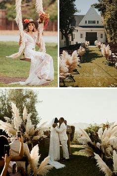 the bride and groom are posing for pictures in front of their wedding ceremony venue, surrounded by pamodia