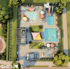 an aerial view of a swimming pool and playground