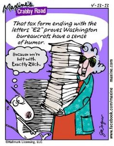 a cartoon depicting an elderly woman with stacks of paperwork