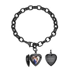 PRICES MAY VARY. Black Cable Chain with Photo: Hypoallergenic, Made of 316L stainless steel with 5 layers shiny black plated mirror finish, it promises to keep shining alongside you. Nickel-free, lead-free design ensures you can wear these bracelet with confidence Size: Heart Locket Bracelets for Women: Heart Charm: 0.29*0.77 Inch; Chain Width: 0.27 Inch; Length: 8.7 inches; Lobster Clasp design, easy to adjust bracelet fits most wrist from 6.1 to 8.7 Inches. No more sizing snafus—just a perfect Heart Locket Bracelet, Customised Bracelets, Picture Locket, Locket Bracelet, Jewelry Personalized, Meaningful Jewelry, Girl Friend, Photo Locket, Name Jewelry