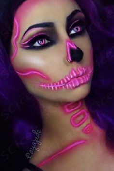 halloween make up #halloween #halloweenmakeup #hotpink #skeleton #halloweencostume #costumeideas #scary #neon #purplehair #affiliate Pink Witch Makeup Halloween, Glow Skeleton Makeup, Skeleton Makeup Colorful, Glow In The Dark Halloween Makeup, Pink Halloween Makeup Looks, Colorful Skeleton Makeup, Pink Skeleton Makeup, Neon Skeleton Makeup, Neon Halloween Makeup