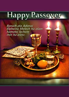 a happy passover with candles and an egg on a plate, surrounded by other items