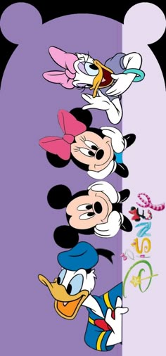 several cartoon characters are lined up against a purple and black background with the word mickey on it