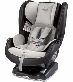 the child's car seat is in grey and black