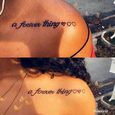 two tattoos on the back of a woman's shoulder that say, a few things