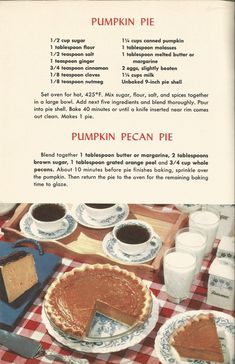 a recipe for pumpkin pie on a table