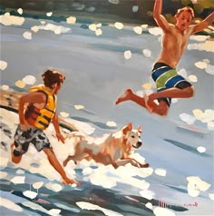 a painting of two boys and a dog playing in the water at the beach, one jumping up into the air