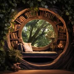 a room with a couch, bookshelf and window in the shape of a tree