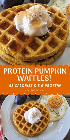 two waffles with whipped cream on top and some fruit in the background text reads protein pumpkin waffles