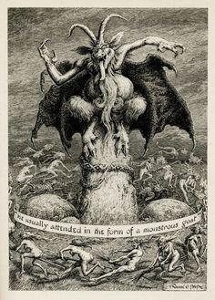 an image of a demon standing on top of a pile of rocks with people around it