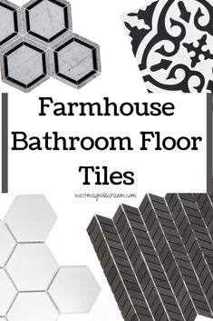 various bathroom floor tiles are shown with the words farmhousee bathroom floor tiles in black and white