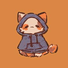 a drawing of a cat in a hoodie sitting on the ground with an orange background