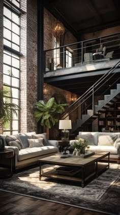 a living room filled with lots of furniture and a staircase leading to the top floor