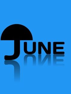 a blue background with the word june written in black on it, and an umbrella