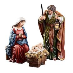 the nativity figurine is holding a baby jesus