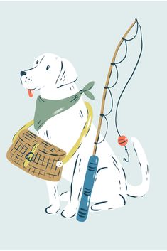 a white dog holding a fishing rod and a fish