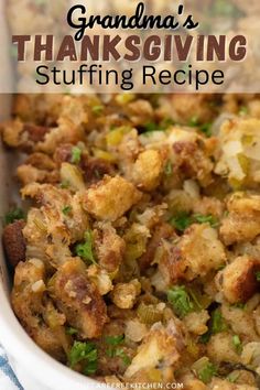 a white bowl filled with stuffing on top of a table