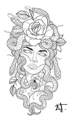 a drawing of a woman's face with roses on her head and snakes around her neck