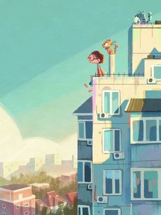 an image of people on the roof of a building with cats and dogs perched on top