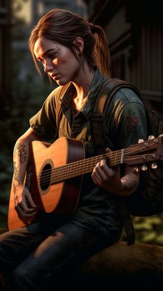 the last of us part 2 - screenshote guitar player sitting in front of trees