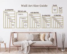 the wall art size guide is shown in this living room