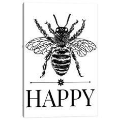 a black and white bee with the words happy on it's chest, in front of