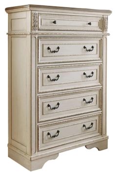 an antique white dresser with drawers and knobs on the bottom drawer, against a white background