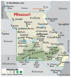 a map of missouri with all the towns and major roads on it's side