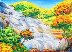 a painting of a waterfall with trees and rocks in the foreground on a sunny day